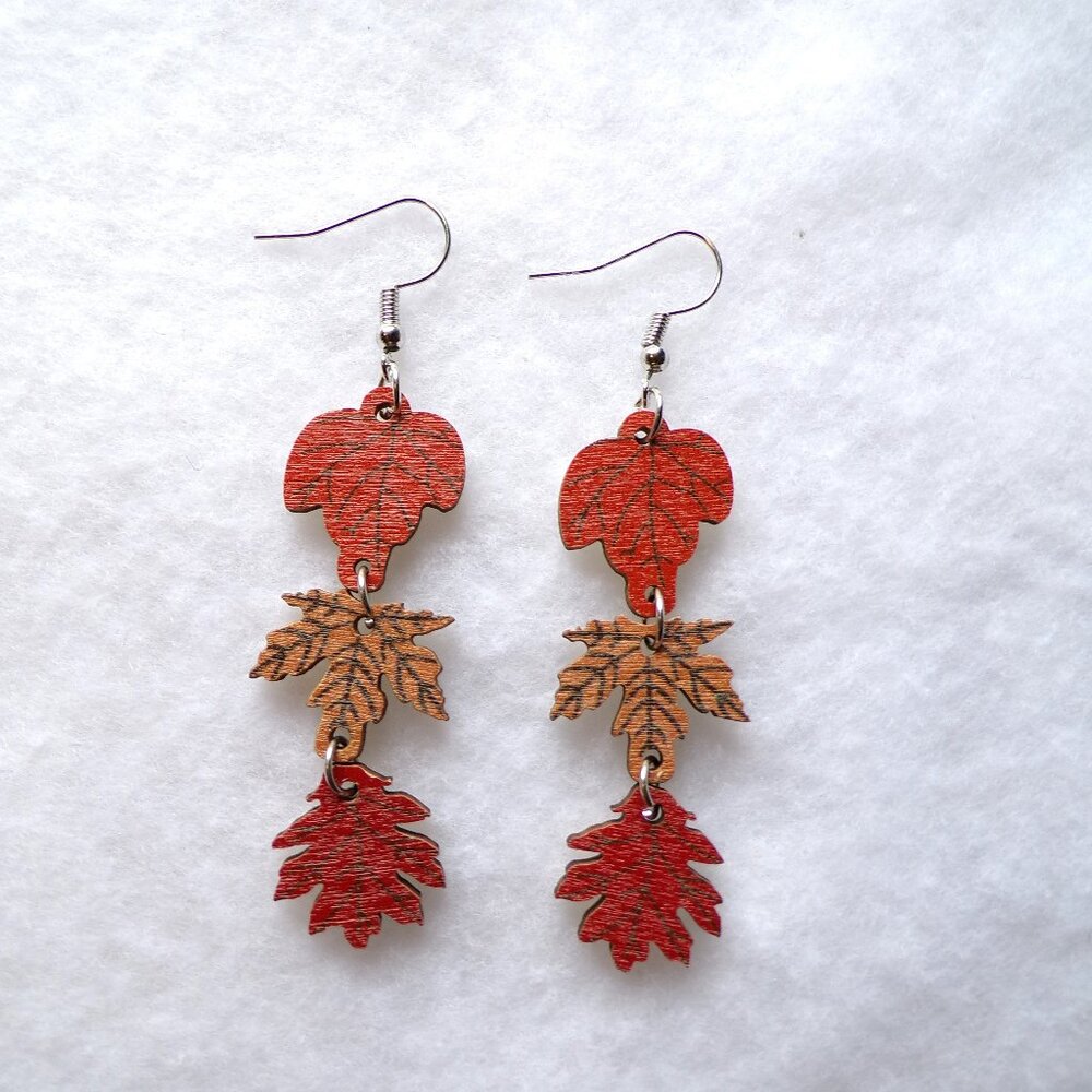 Fall Earrings Silver Dangle Wood Triple Leaves Festive